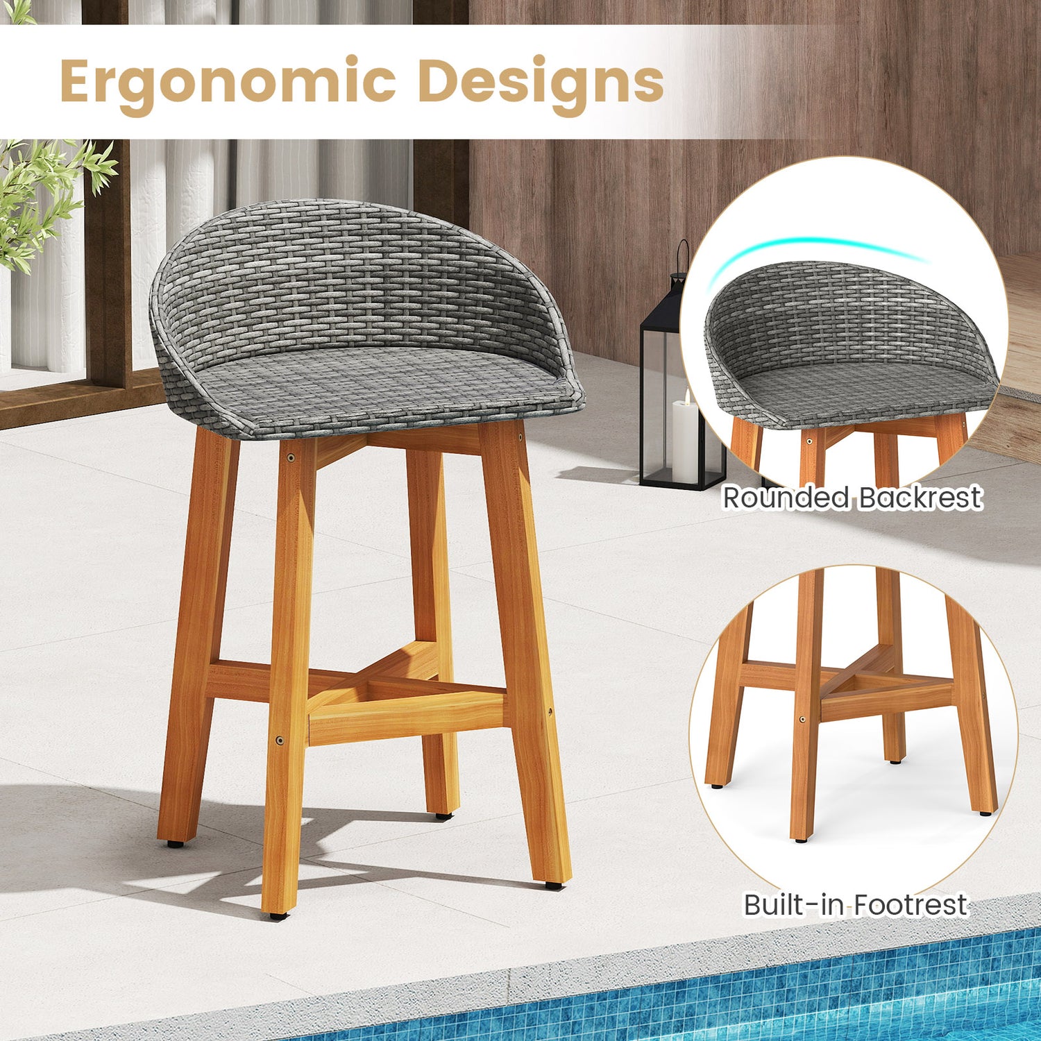 Outdoor Faux Rattan Bar Chairs Set of 2 with Ergonomic Backrests and Footrests