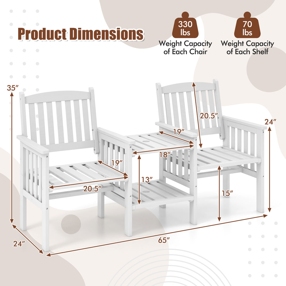 Outdoor Fir Wood Loveseat with 2-Tier Side Table and 1.96" Umbrella Hole