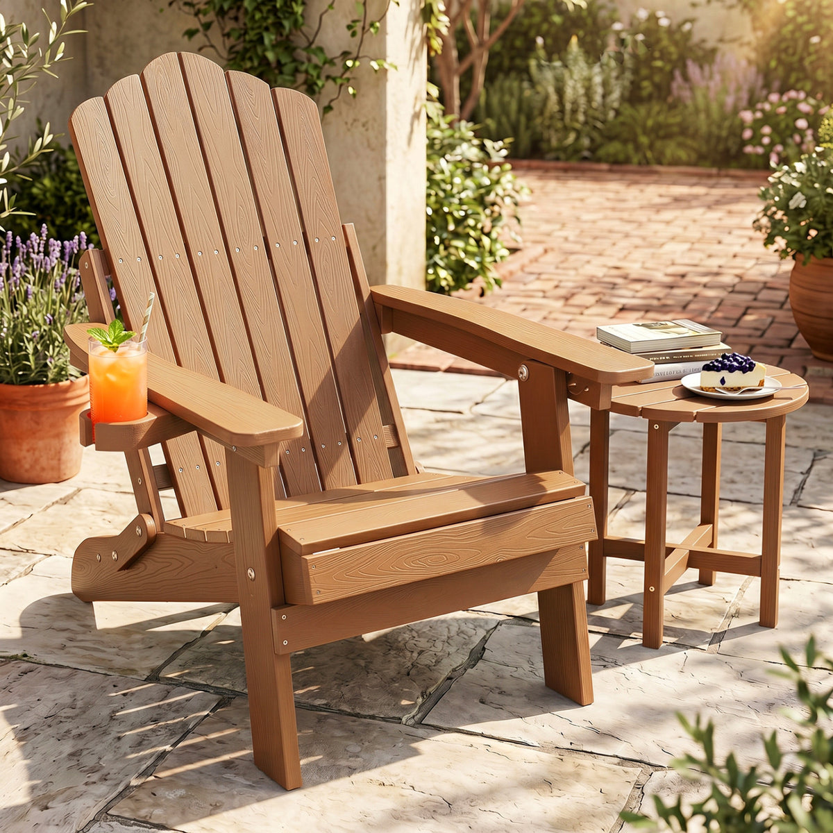 Outdoor Folding Adirondack Chair with Cup Holder and 5-Level Backrest