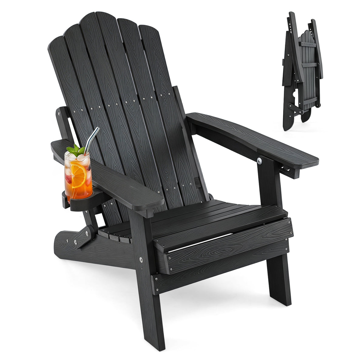 Outdoor Folding Adirondack Chair with Cup Holder and 5-Level Backrest