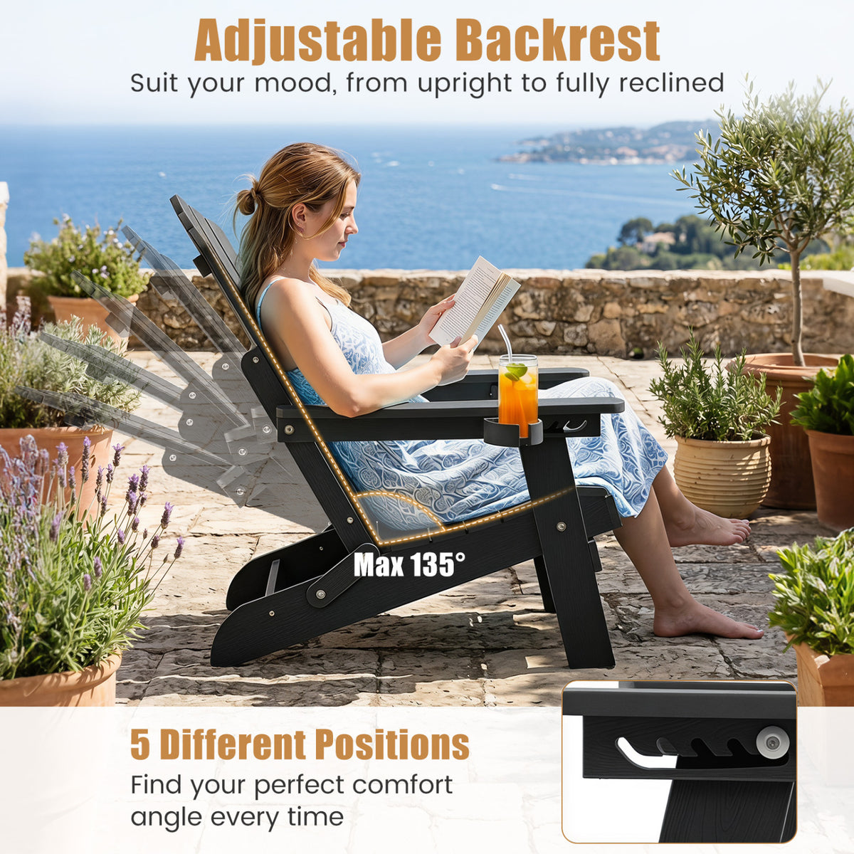 Outdoor Folding Adirondack Chair with Cup Holder and 5-Level Backrest