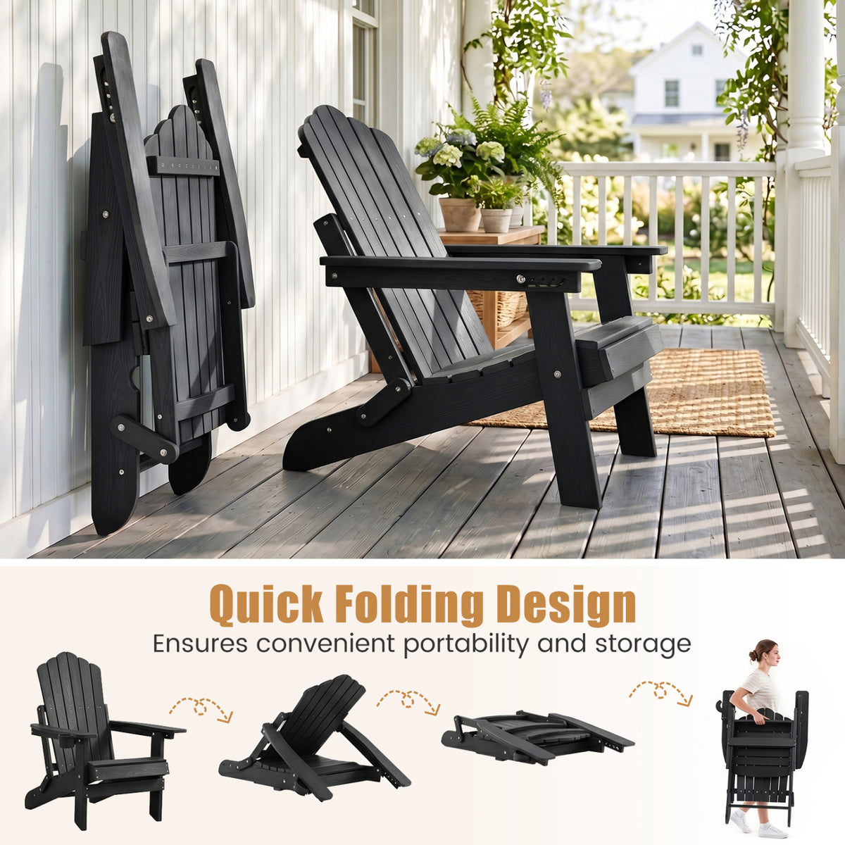 Outdoor Folding Adirondack Chair with Cup Holder and 5-Level Backrest
