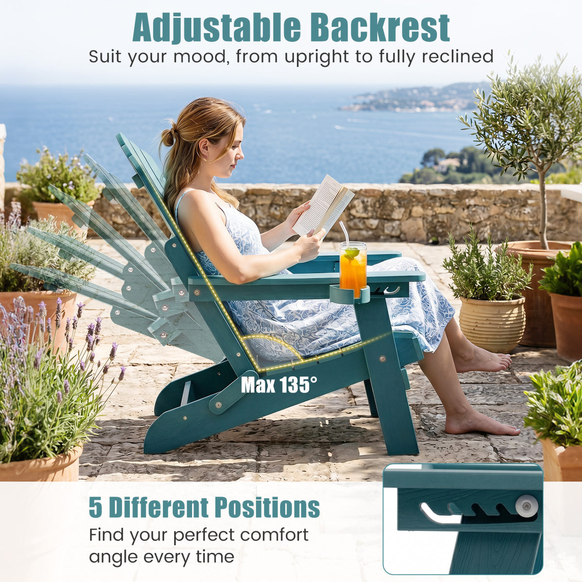 Outdoor Folding Adirondack Chair with Cup Holder and 5-Level Backrest