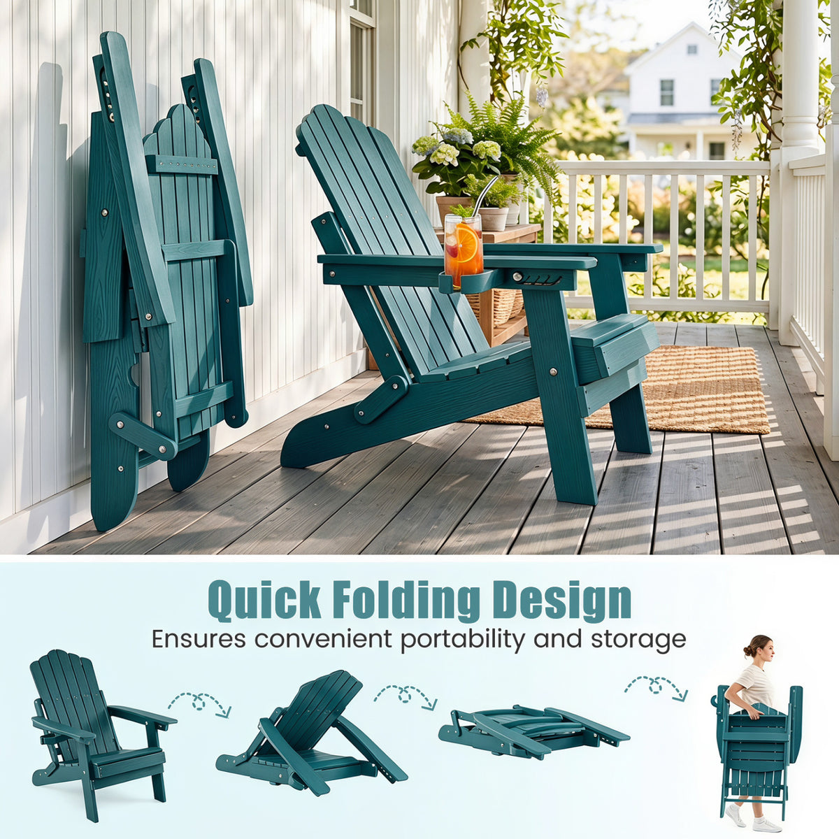Outdoor Folding Adirondack Chair with Cup Holder and 5-Level Backrest
