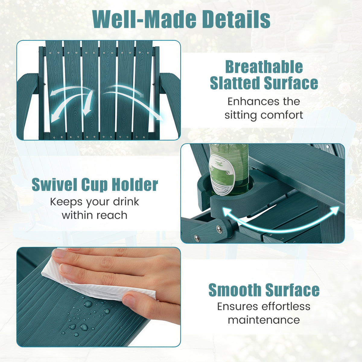 Outdoor Folding Adirondack Chair with Cup Holder and 5-Level Backrest