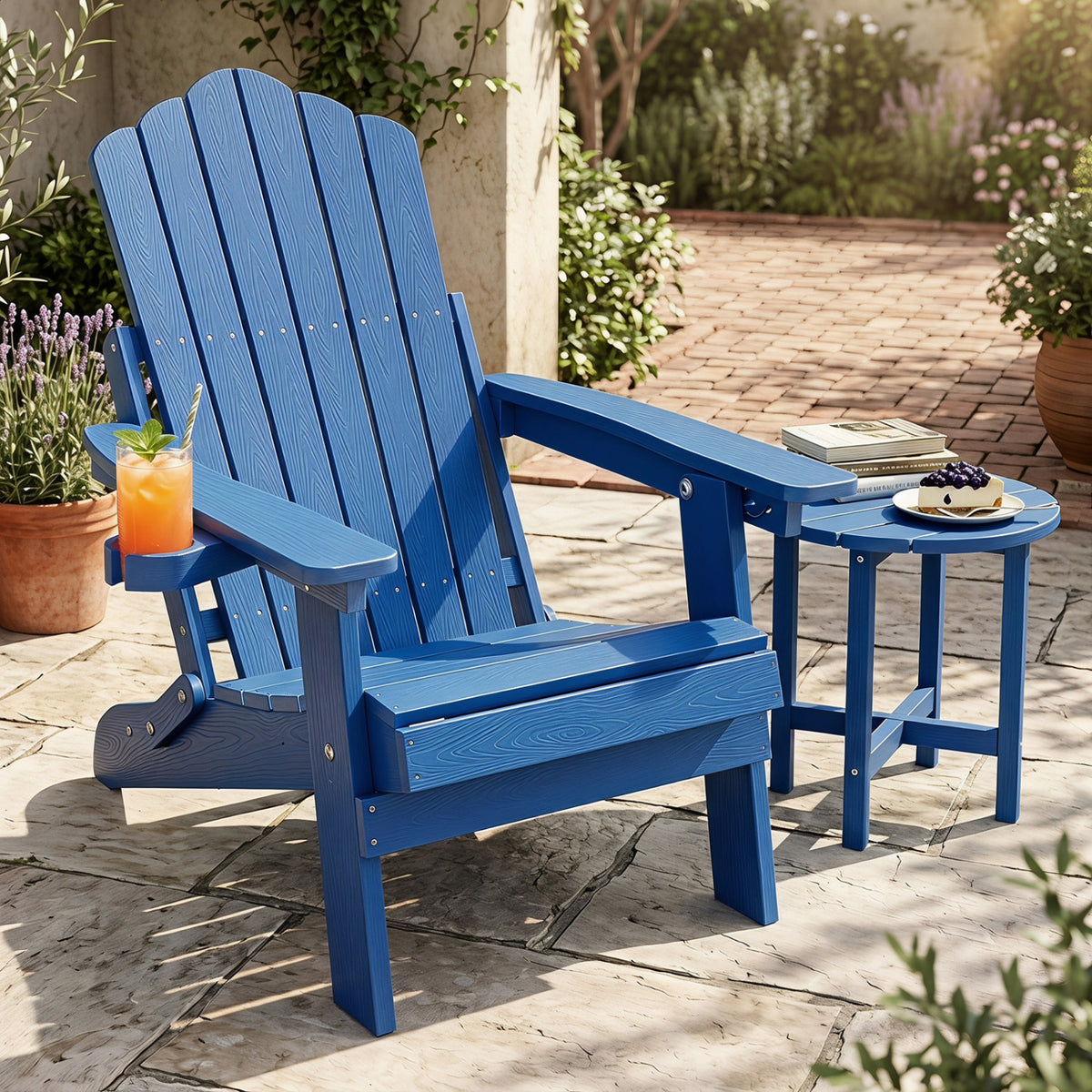 Outdoor Folding Adirondack Chair with Cup Holder and 5-Level Backrest