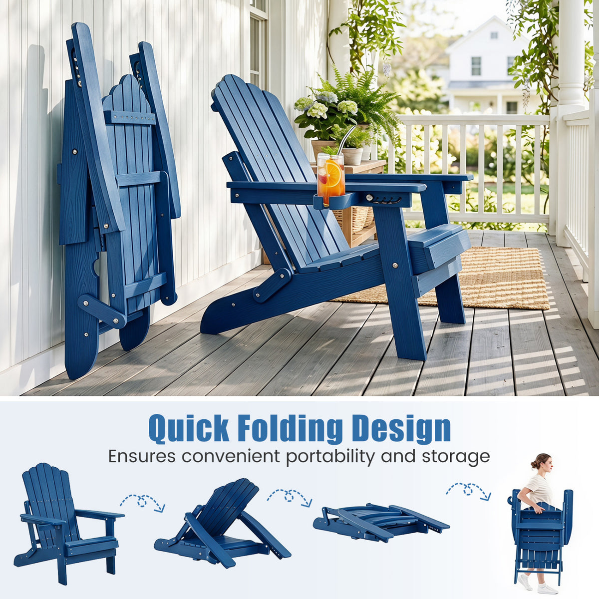 Outdoor Folding Adirondack Chair with Cup Holder and 5-Level Backrest