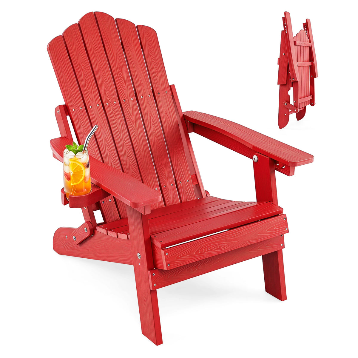 Outdoor Folding Adirondack Chair with Cup Holder and 5-Level Backrest