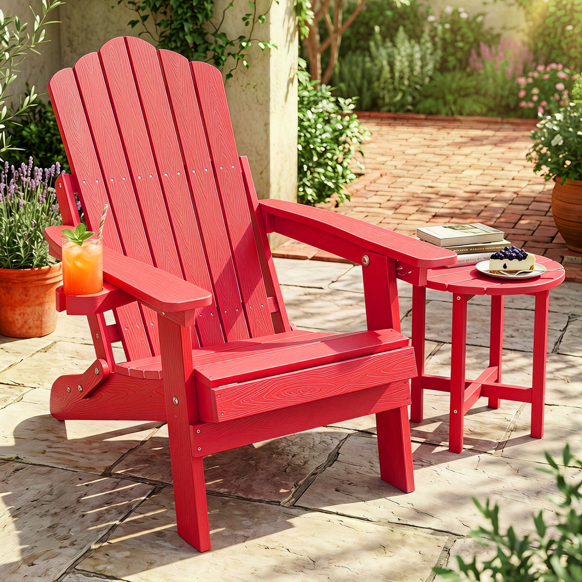 Outdoor Folding Adirondack Chair with Cup Holder and 5-Level Backrest