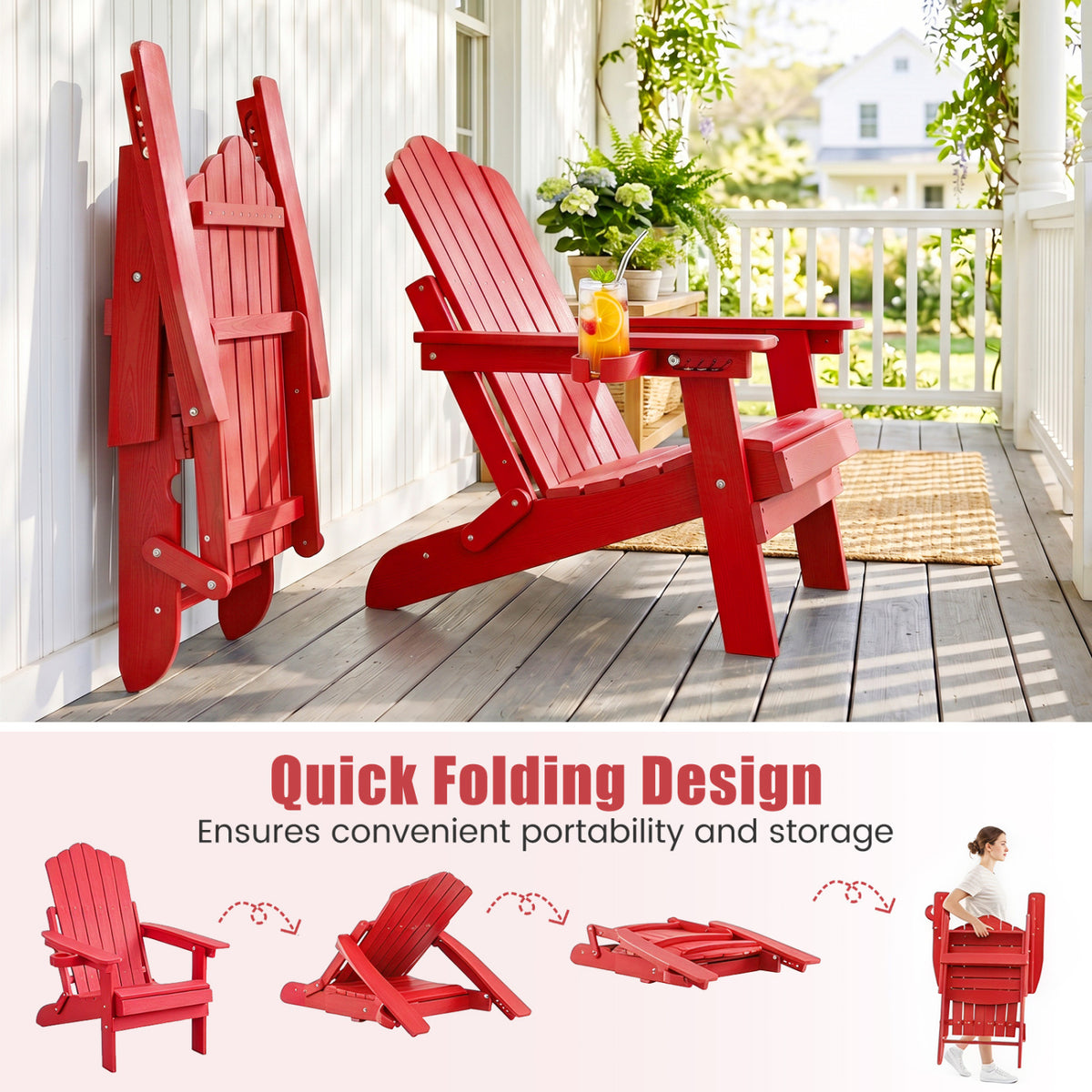 Outdoor Folding Adirondack Chair with Cup Holder and 5-Level Backrest