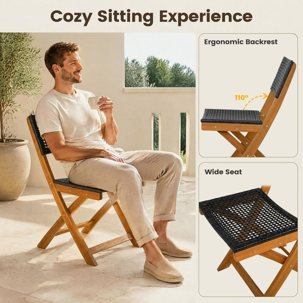 Set of 2 Outdoor Folding PE Rattan Chairs with Acacia Wood Frame for Porch Balcony Fully Assembled