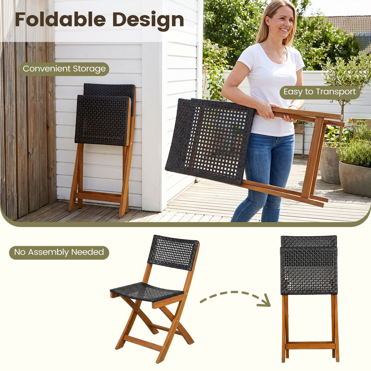 Set of 2 Outdoor Folding PE Rattan Chairs with Acacia Wood Frame for Porch Balcony Fully Assembled
