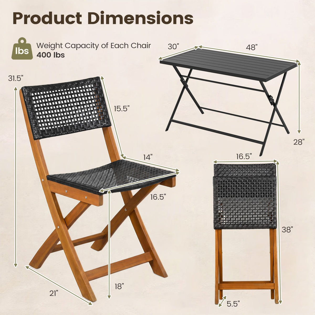 Set of 2 Outdoor Folding PE Rattan Chairs with Acacia Wood Frame for Porch Balcony Fully Assembled