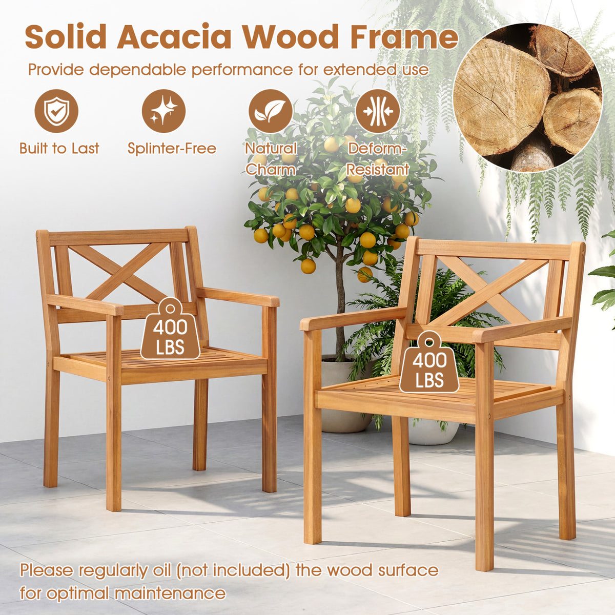 Outdoor Garden Acacia Wood Patio Dining Chairs for Porch-Set of 2/4