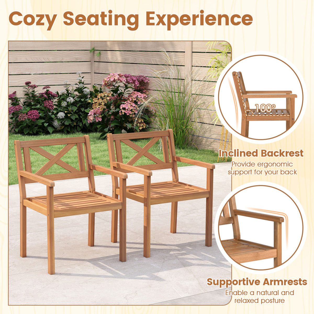 Outdoor Garden Acacia Wood Patio Dining Chairs for Porch-Set of 2/4