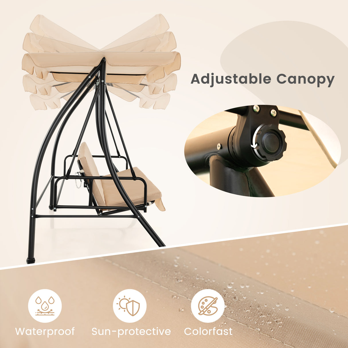 2-Seat Outdoor Convertible Swing Chair with Flat Bed and Adjustable Canopy-Beige