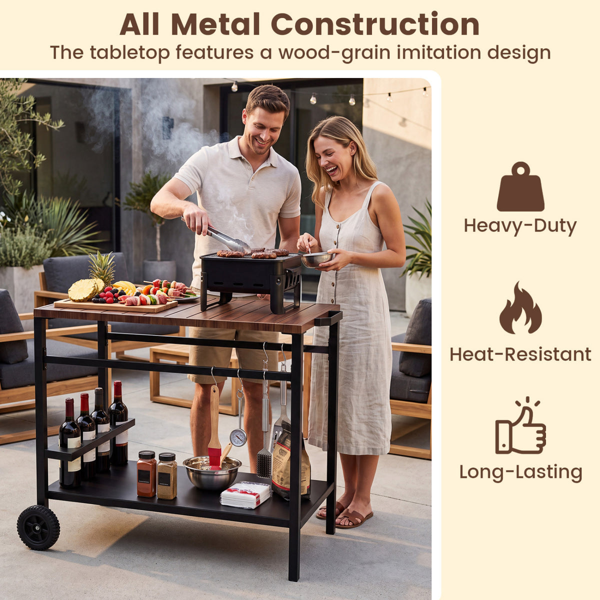 Outdoor Grill Cart with Spice Rack and Hooks for Patio and Garden-Brown