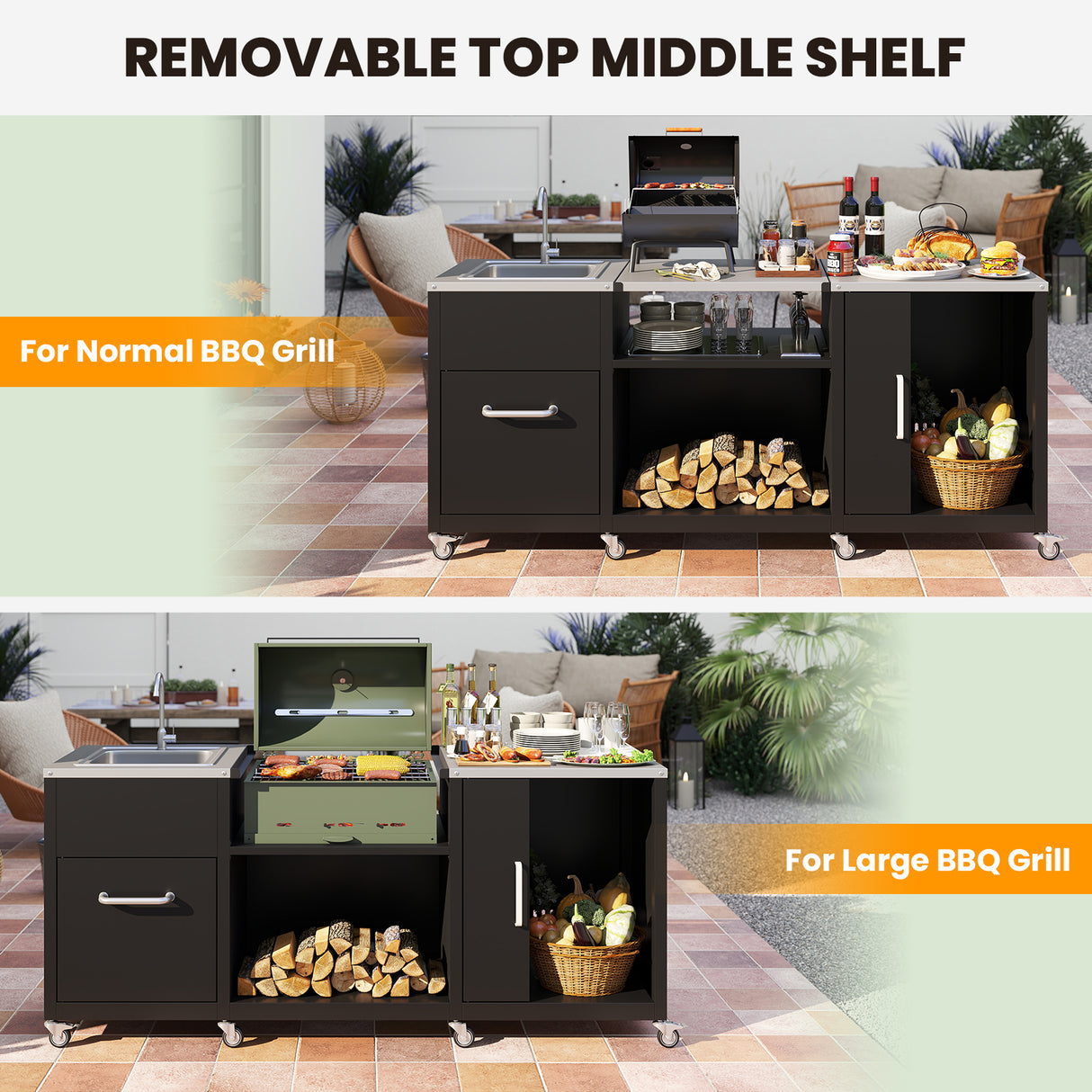 Outdoor Grill Table with Sink and Drainage Heavy Duty Metal Grill Cart-Black