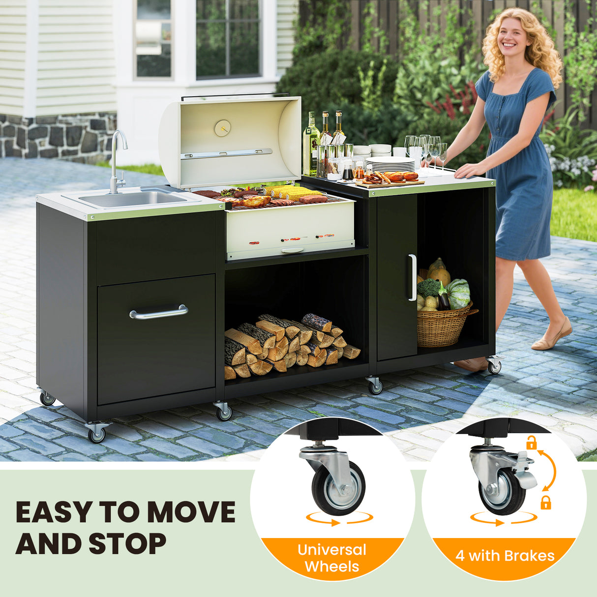Outdoor Grill Table with Sink and Drainage Heavy Duty Metal Grill Cart-Black
