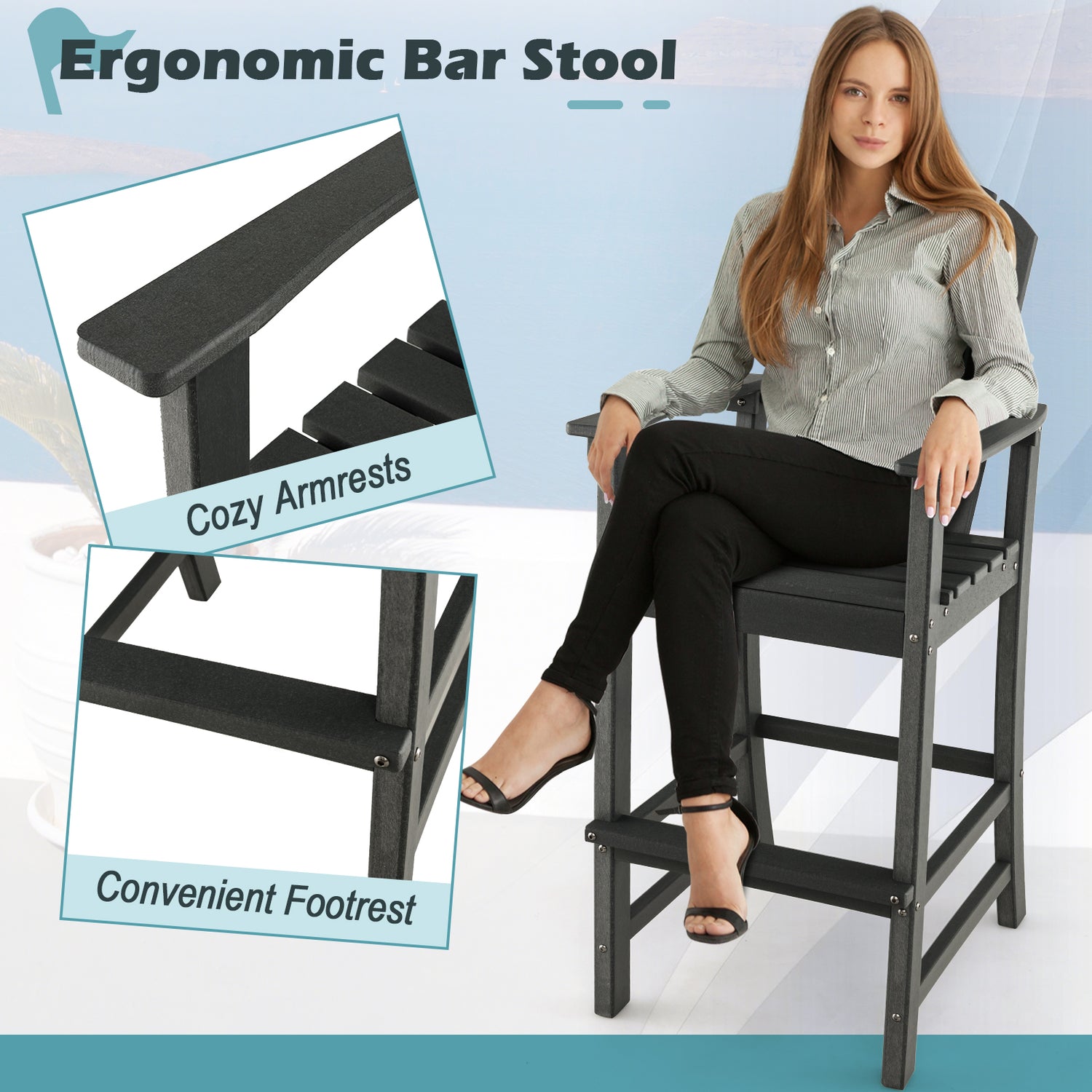 30 Inches Counter Height Outdoor HDPE Bar Stool with Armrests and Footrest