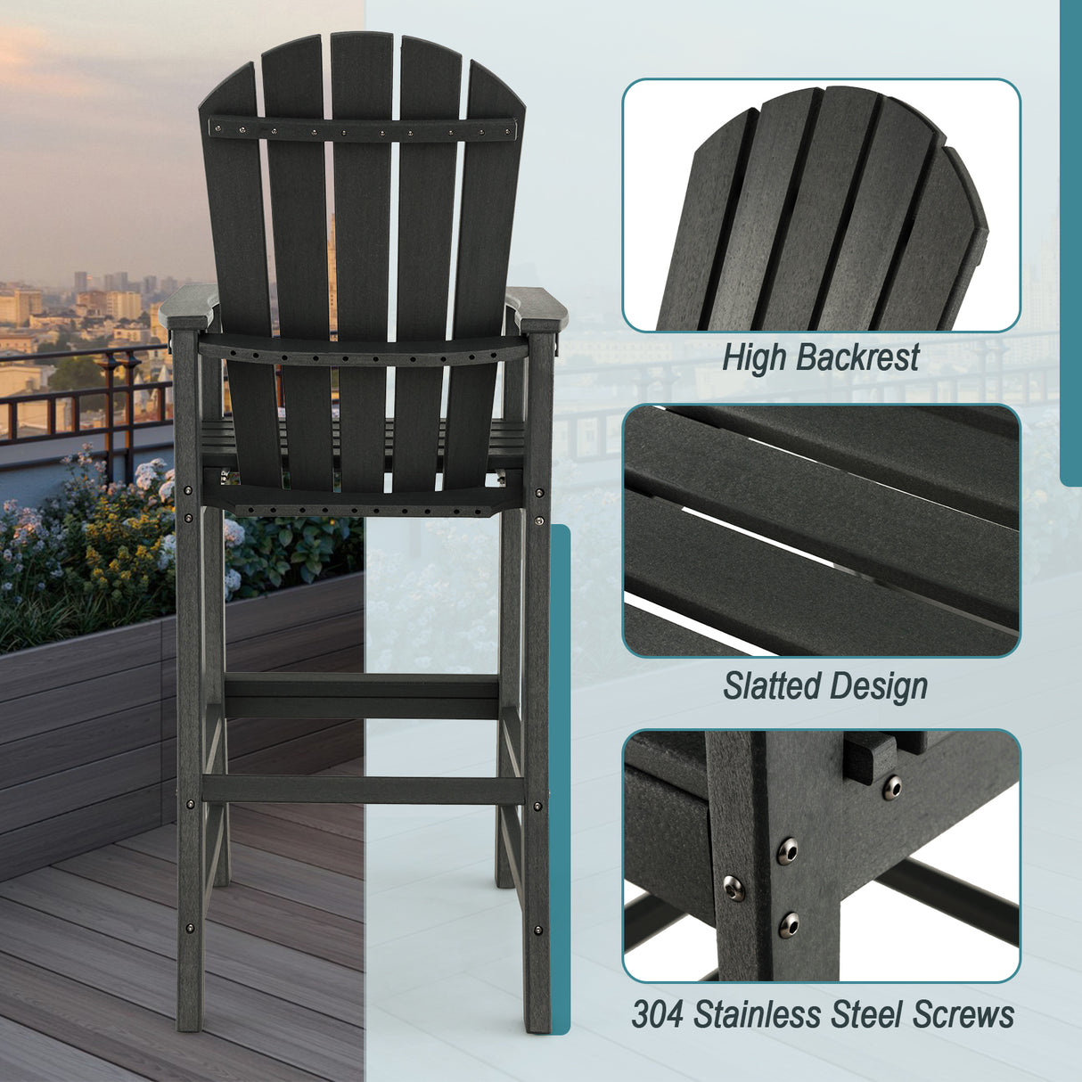 30 Inches Counter Height Outdoor HDPE Bar Stool with Armrests and Footrest