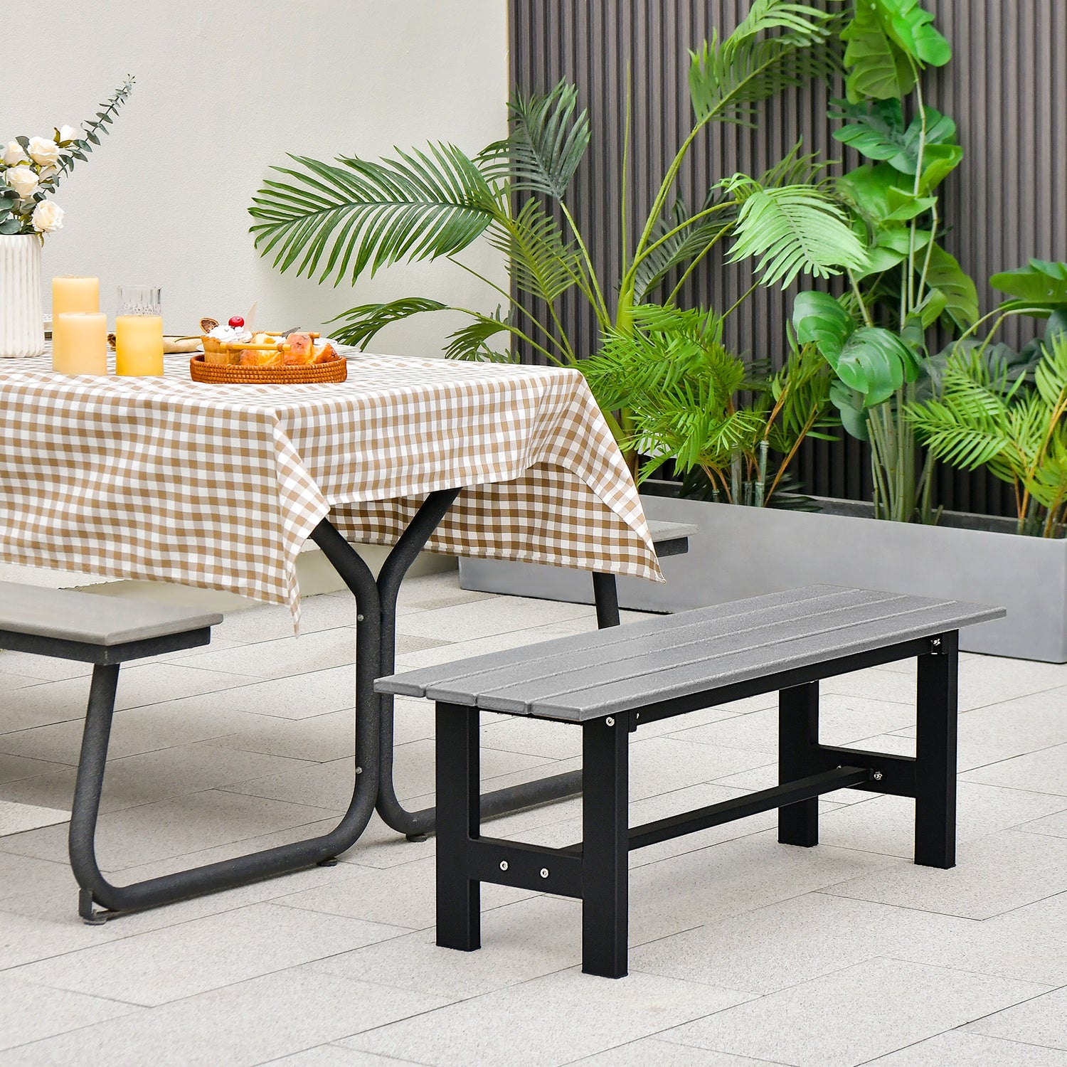 47 Inch Outdoor Chair with Slatted Seat Plastic Coated Iron Frame