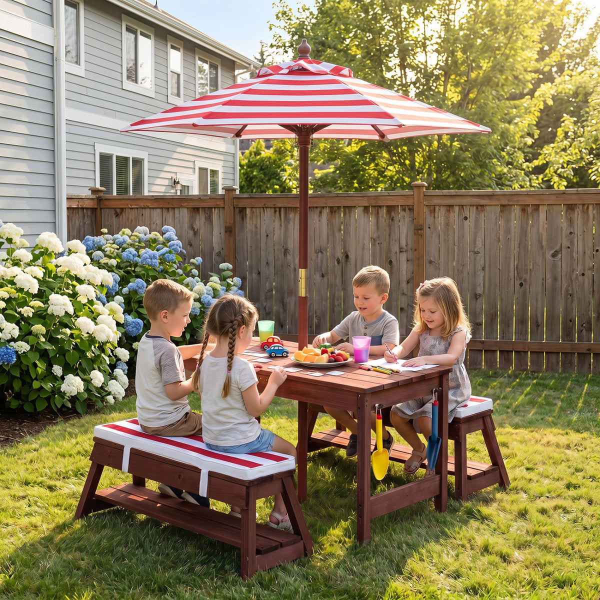Outdoor Kids Wooden Picnic Table and Benches Set with Umbrella