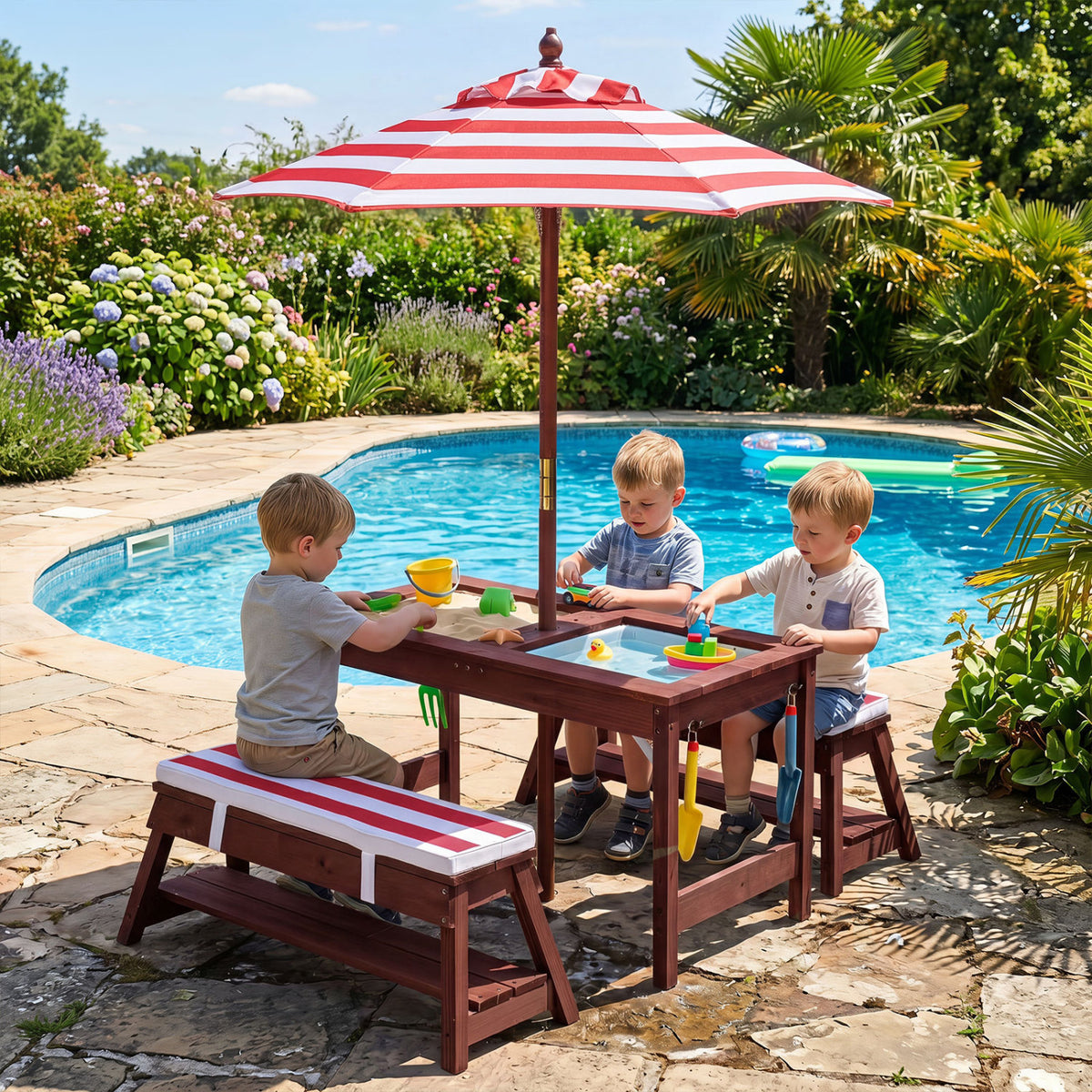 Outdoor Kids Wooden Picnic Table and Benches Set with Umbrella
