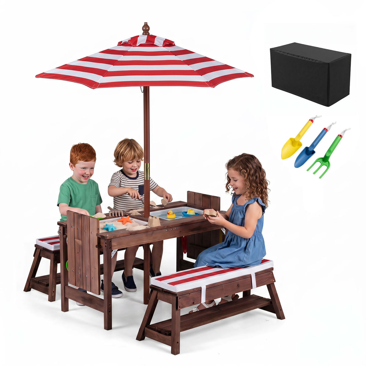Outdoor Kids Wooden Picnic Table and Benches Set with Umbrella