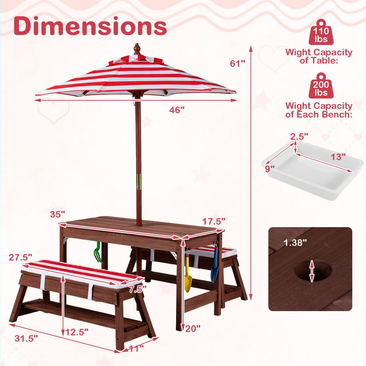 Outdoor Kids Wooden Picnic Table and Benches Set with Umbrella
