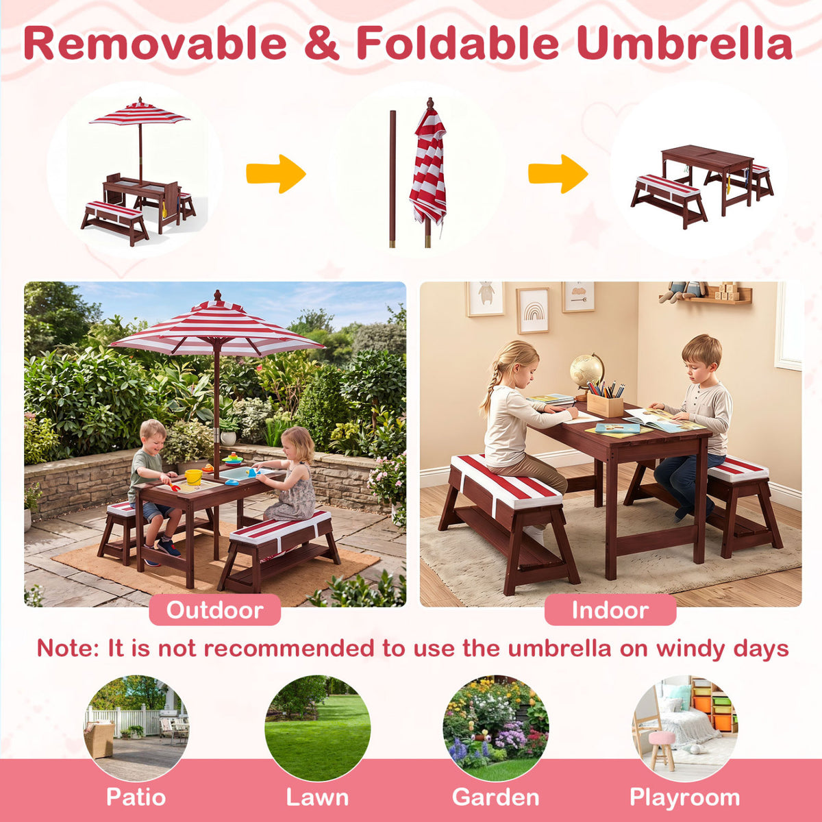 Outdoor Kids Wooden Picnic Table and Benches Set with Umbrella