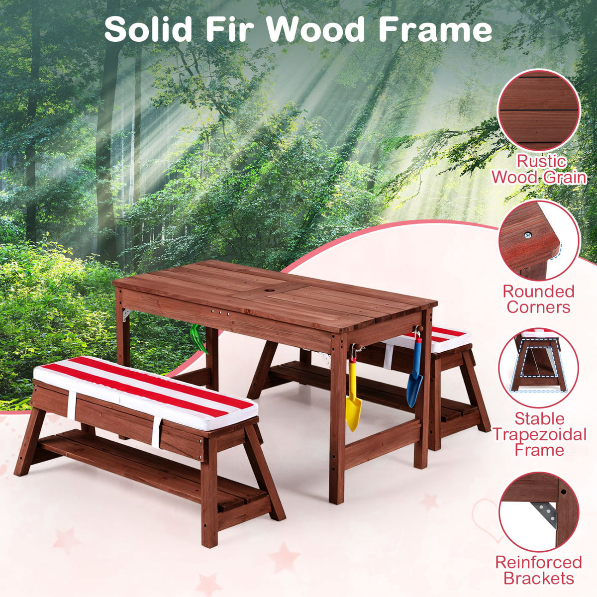 Outdoor Kids Wooden Picnic Table and Benches Set with Umbrella