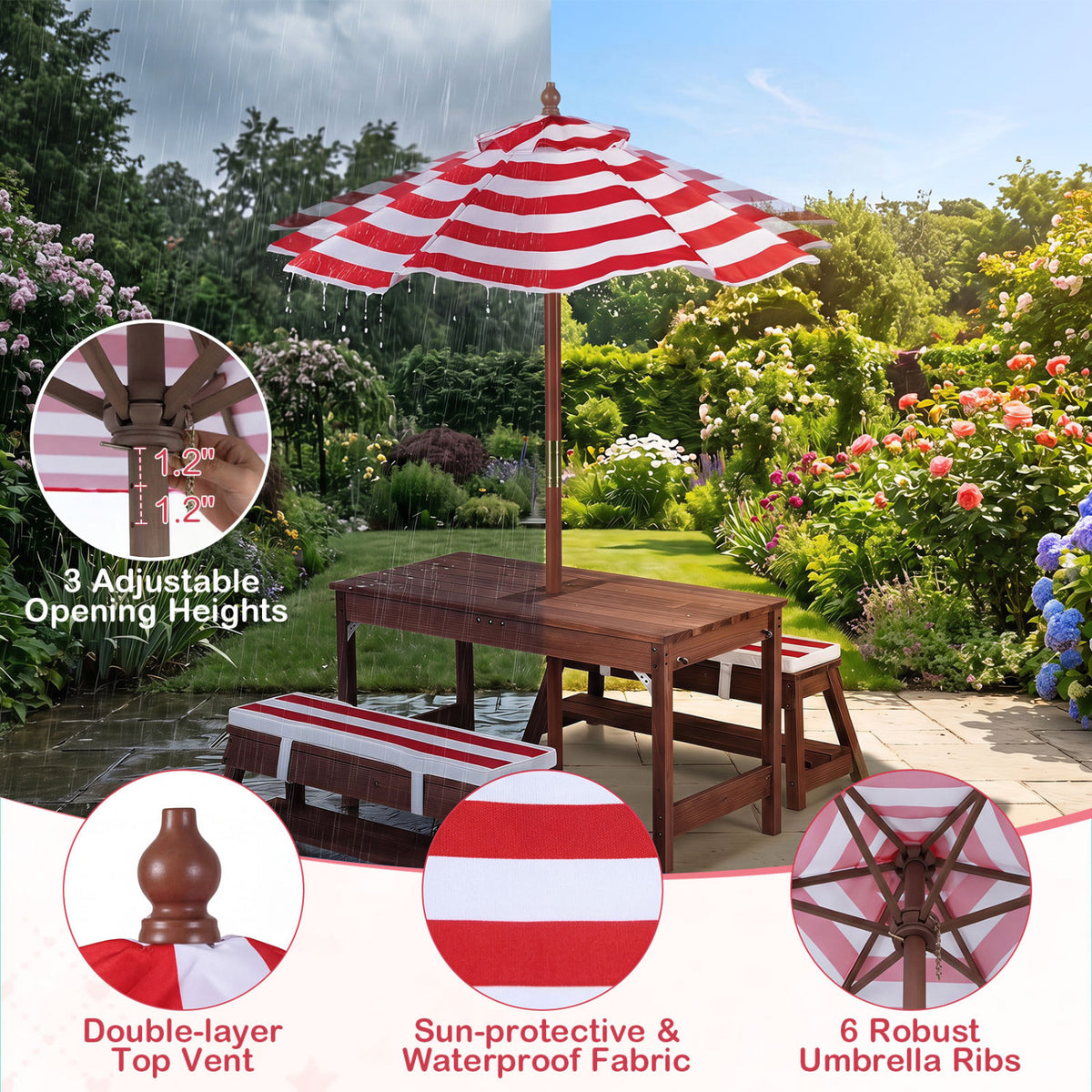 Outdoor Kids Wooden Picnic Table and Benches Set with Umbrella
