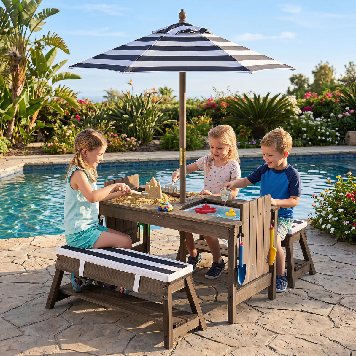 Outdoor Kids Wooden Picnic Table and Benches Set with Umbrella
