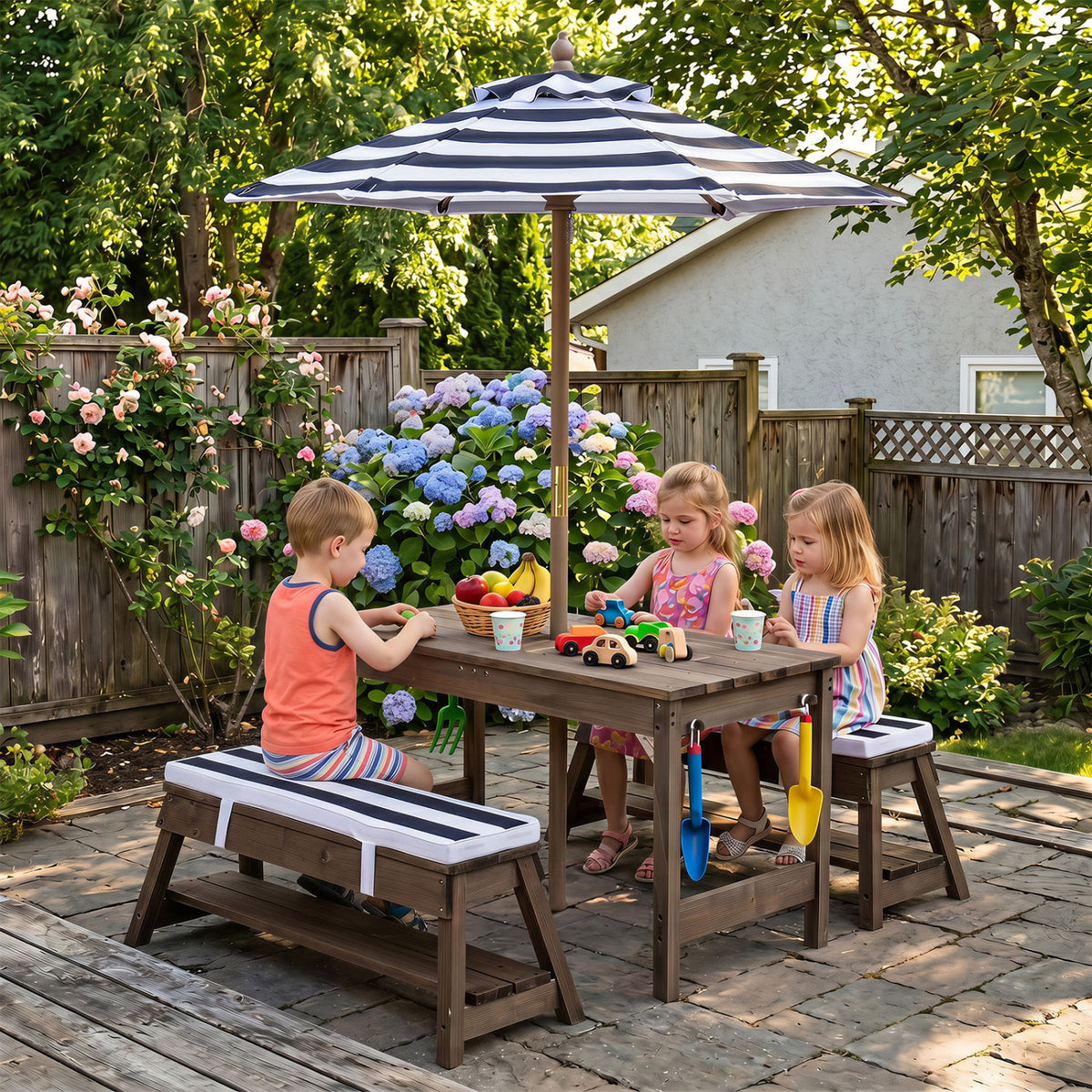 Outdoor Kids Wooden Picnic Table and Benches Set with Umbrella