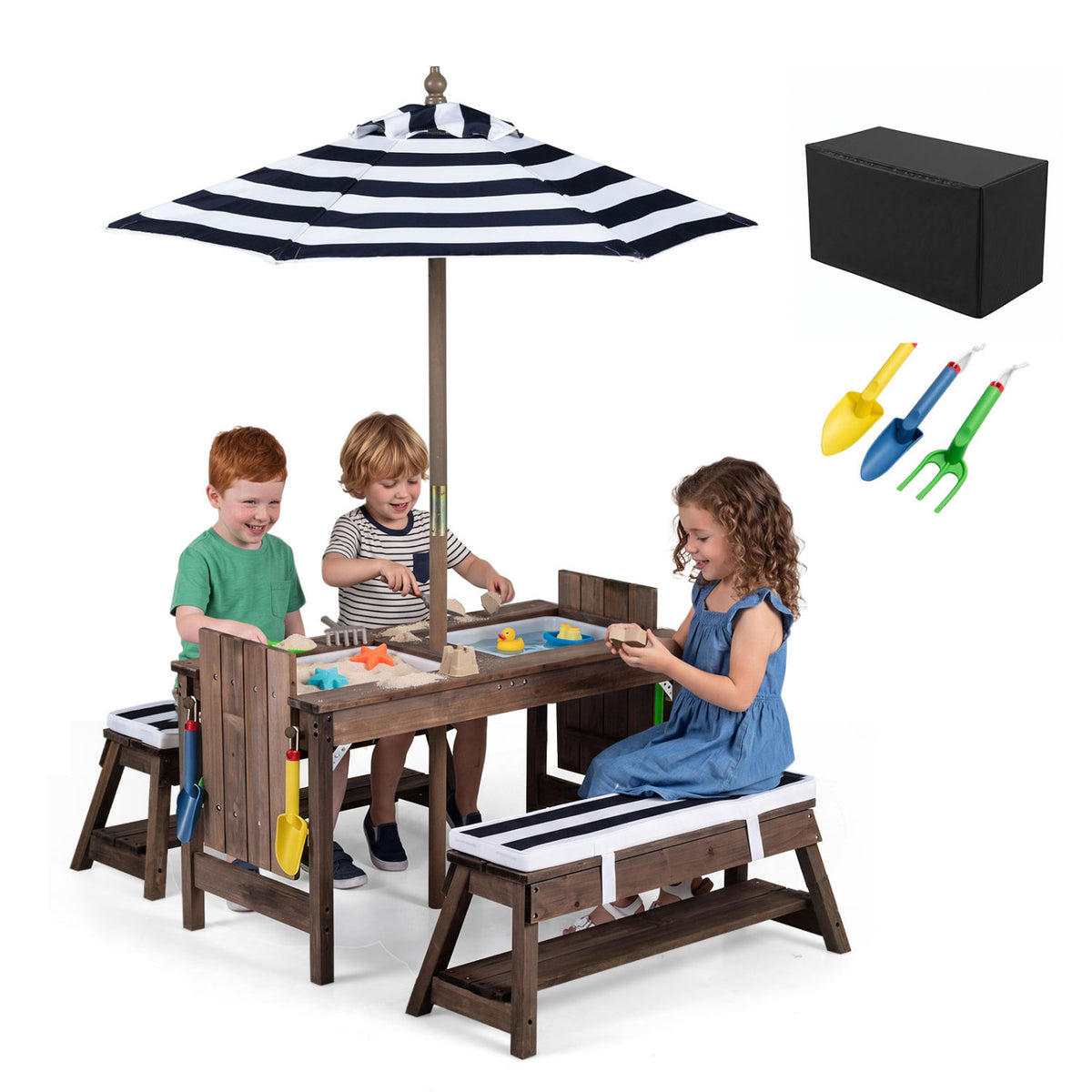 Outdoor Kids Wooden Picnic Table and Benches Set with Umbrella