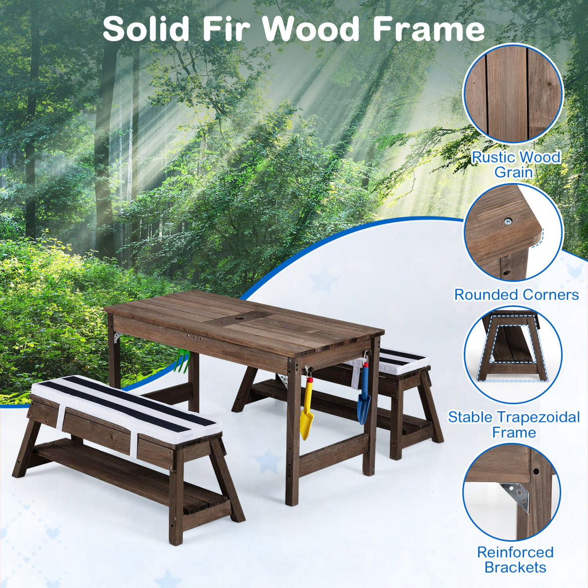 Outdoor Kids Wooden Picnic Table and Benches Set with Umbrella