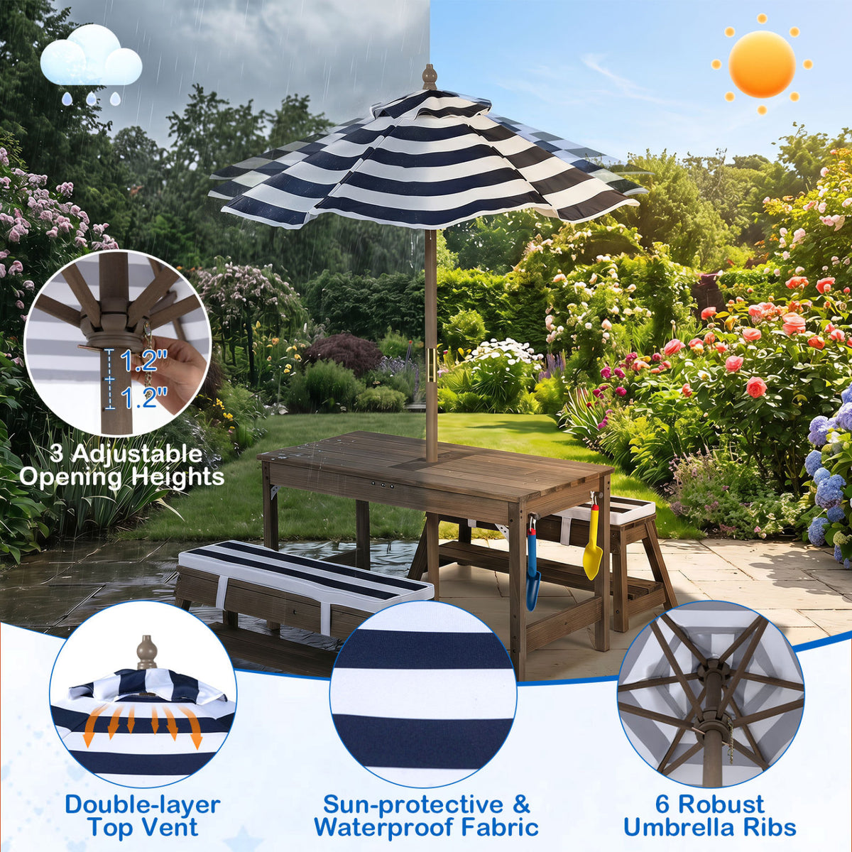Outdoor Kids Wooden Picnic Table and Benches Set with Umbrella