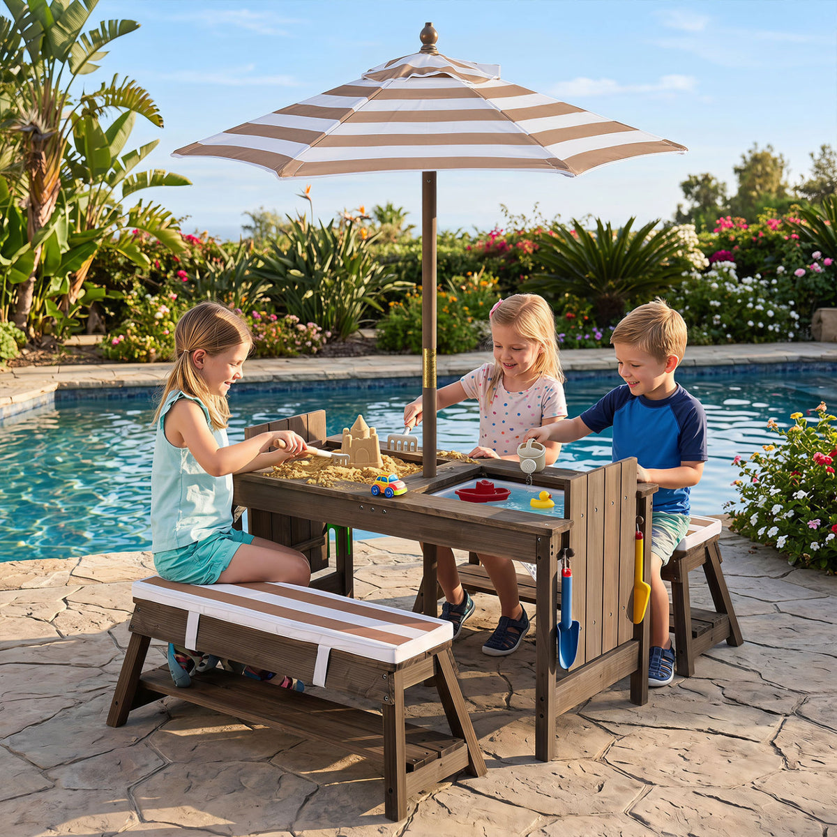 Outdoor Kids Wooden Picnic Table and Benches Set with Umbrella