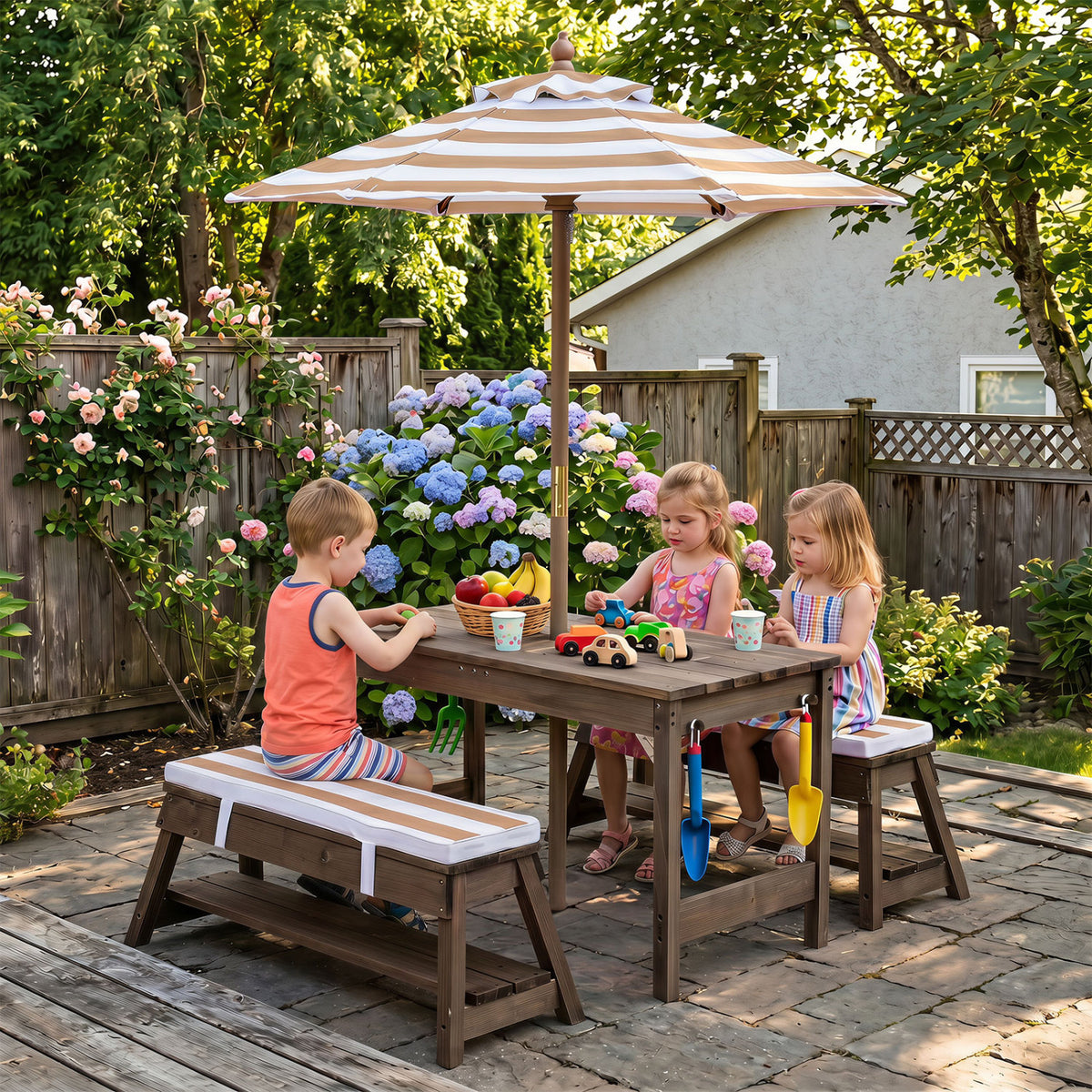 Outdoor Kids Wooden Picnic Table and Benches Set with Umbrella