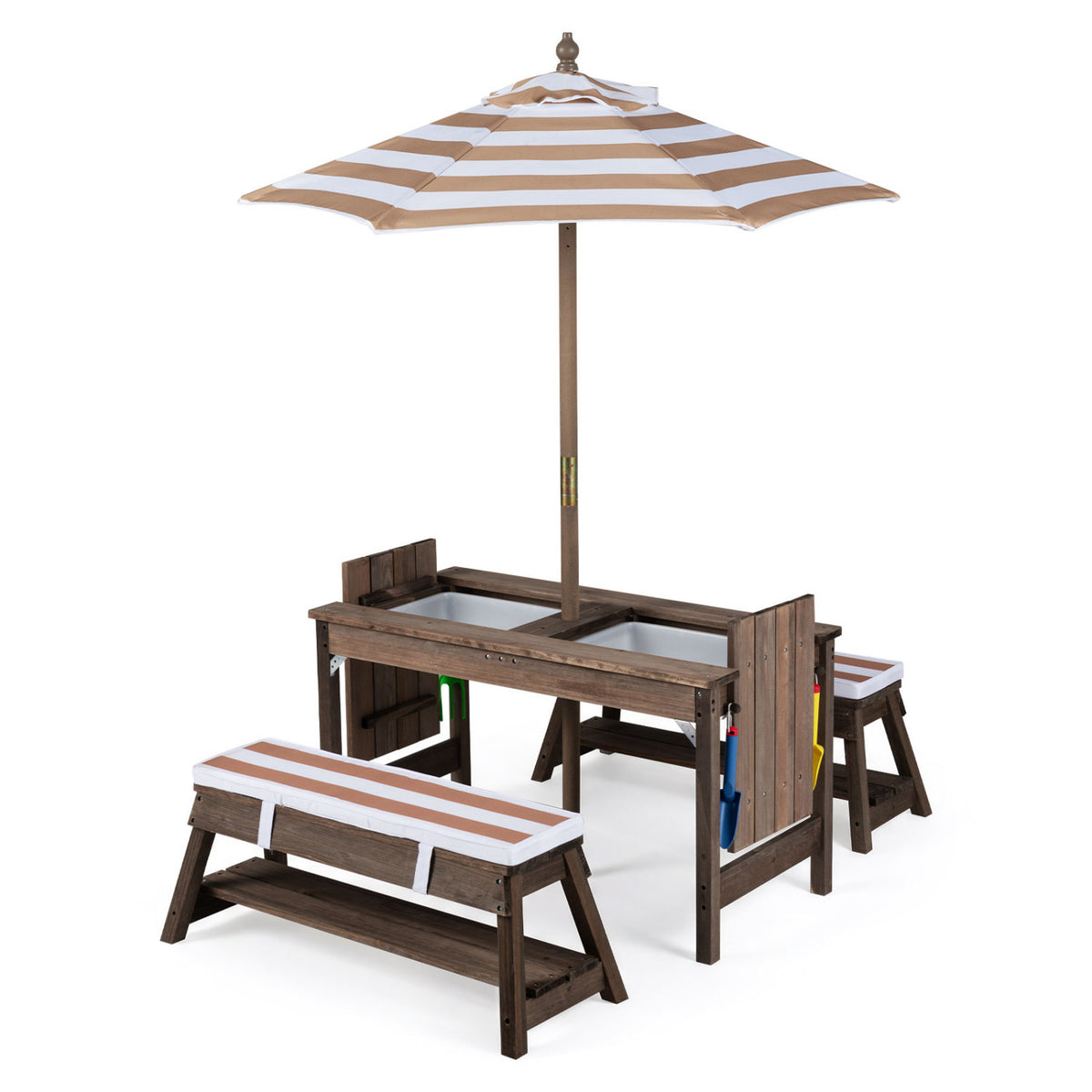 Outdoor Kids Wooden Picnic Table and Benches Set with Umbrella
