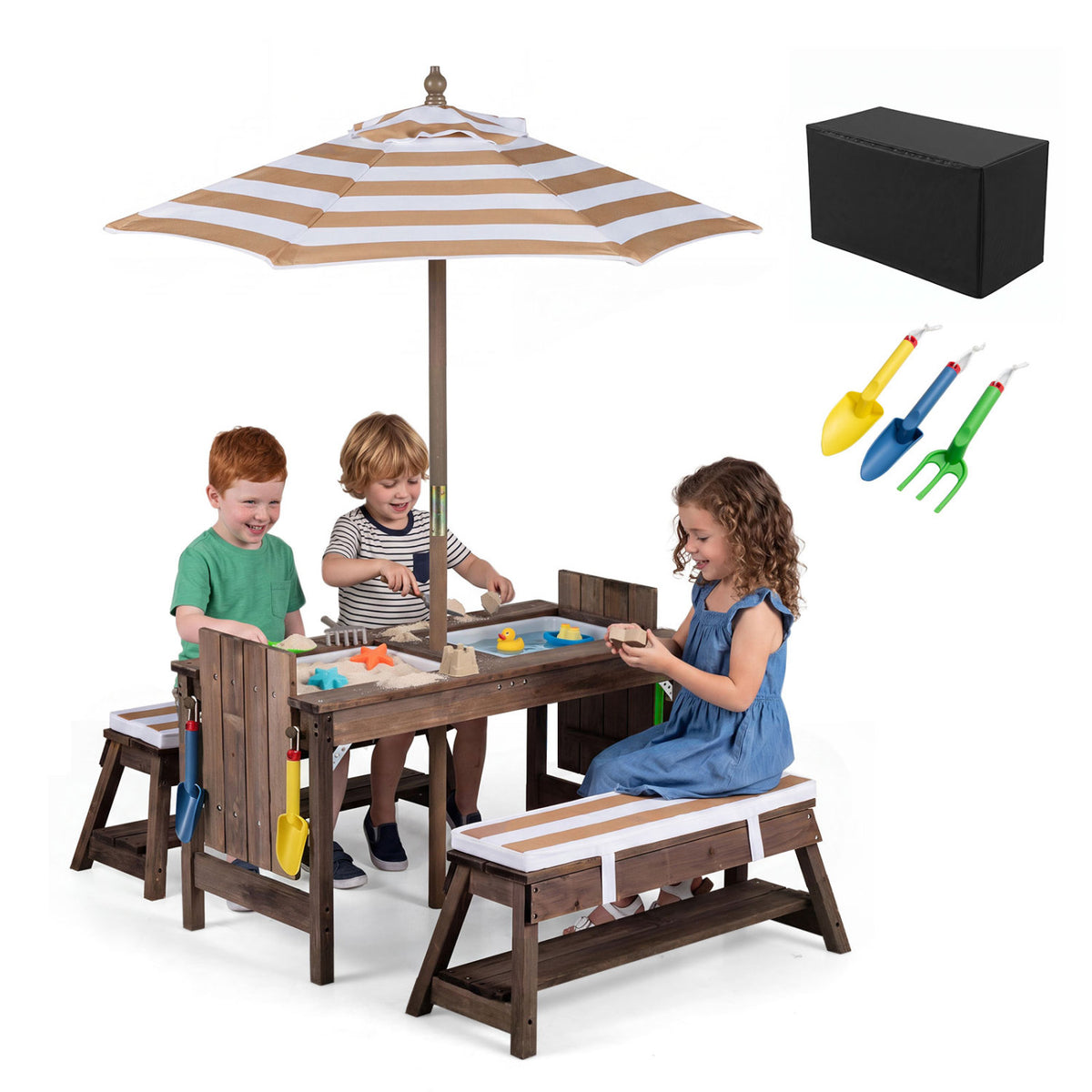 Outdoor Kids Wooden Picnic Table and Benches Set with Umbrella