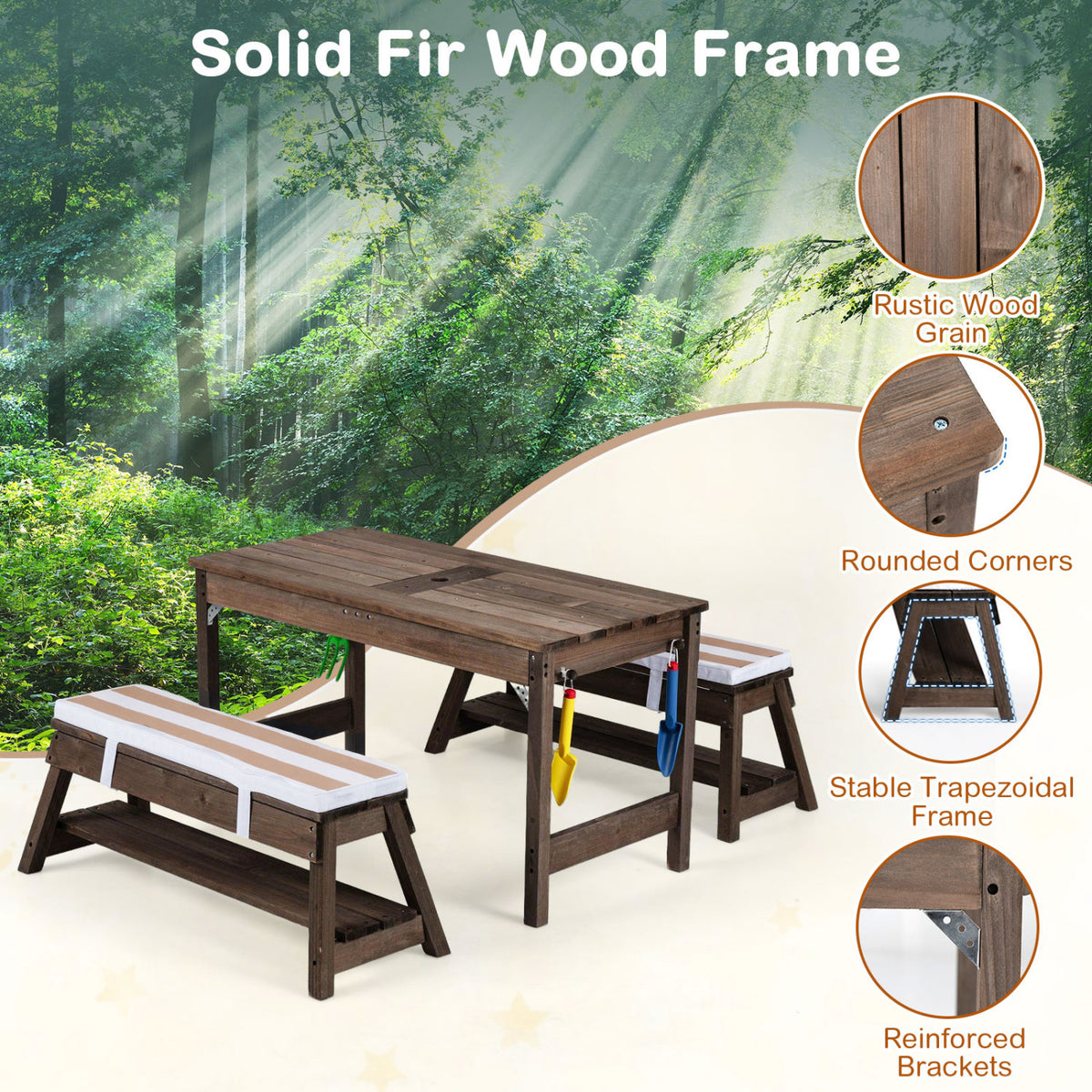 Outdoor Kids Wooden Picnic Table and Benches Set with Umbrella