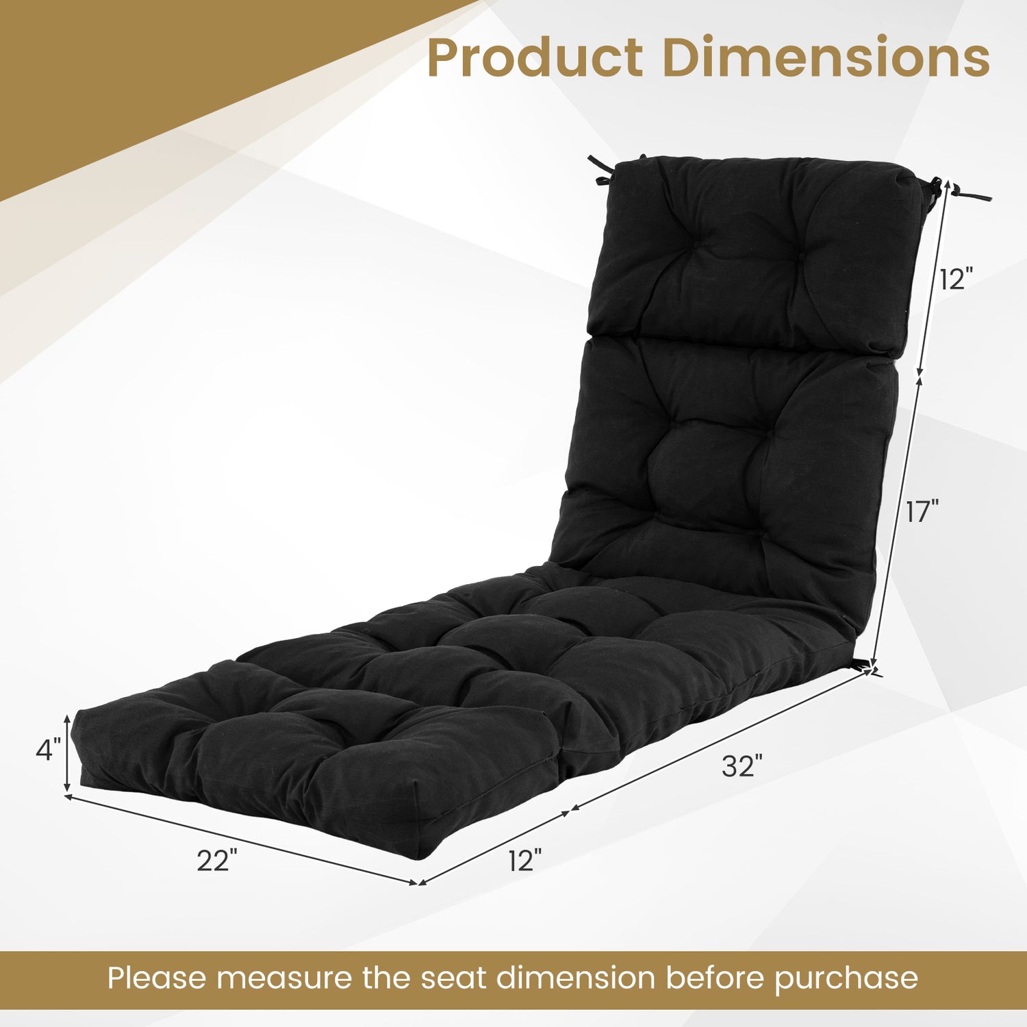 Outdoor Lounge Chaise Cushion with String Ties for Garden Poolside