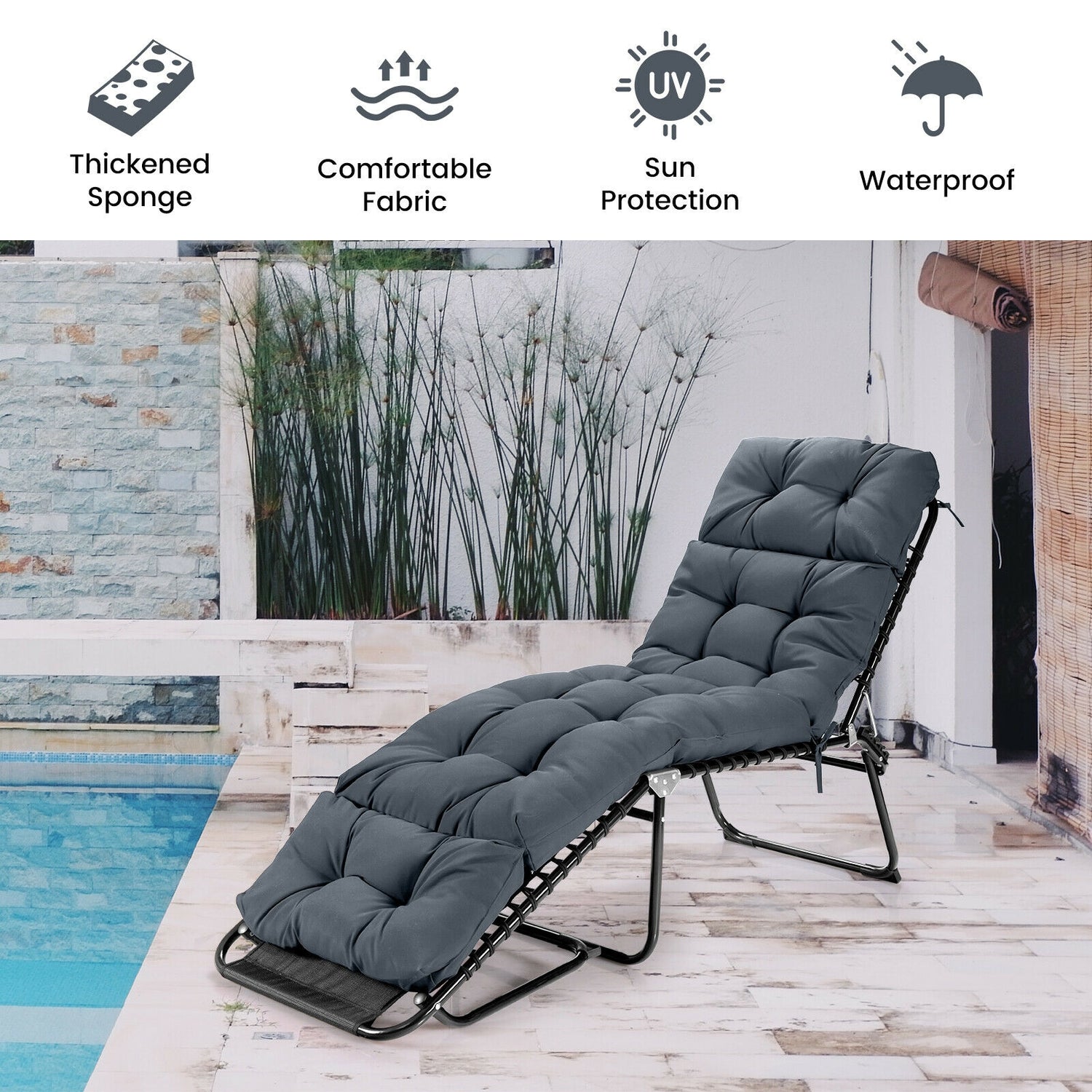 Outdoor Lounge Chaise Cushion with String Ties for Garden Poolside