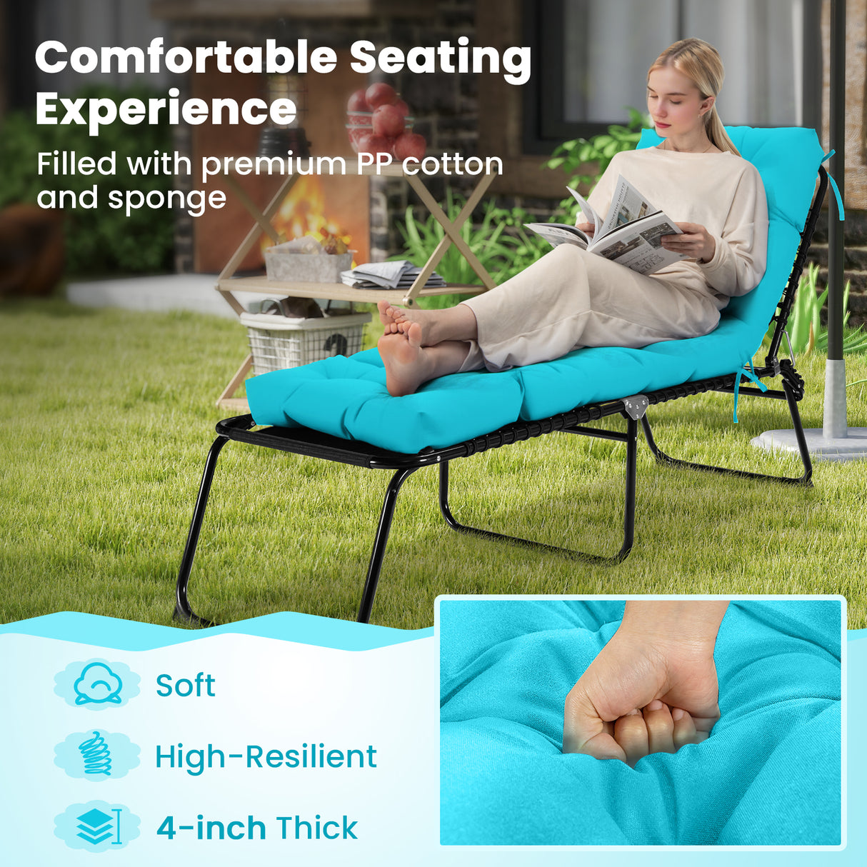 Outdoor Lounge Chaise Cushion with String Ties for Garden Poolside