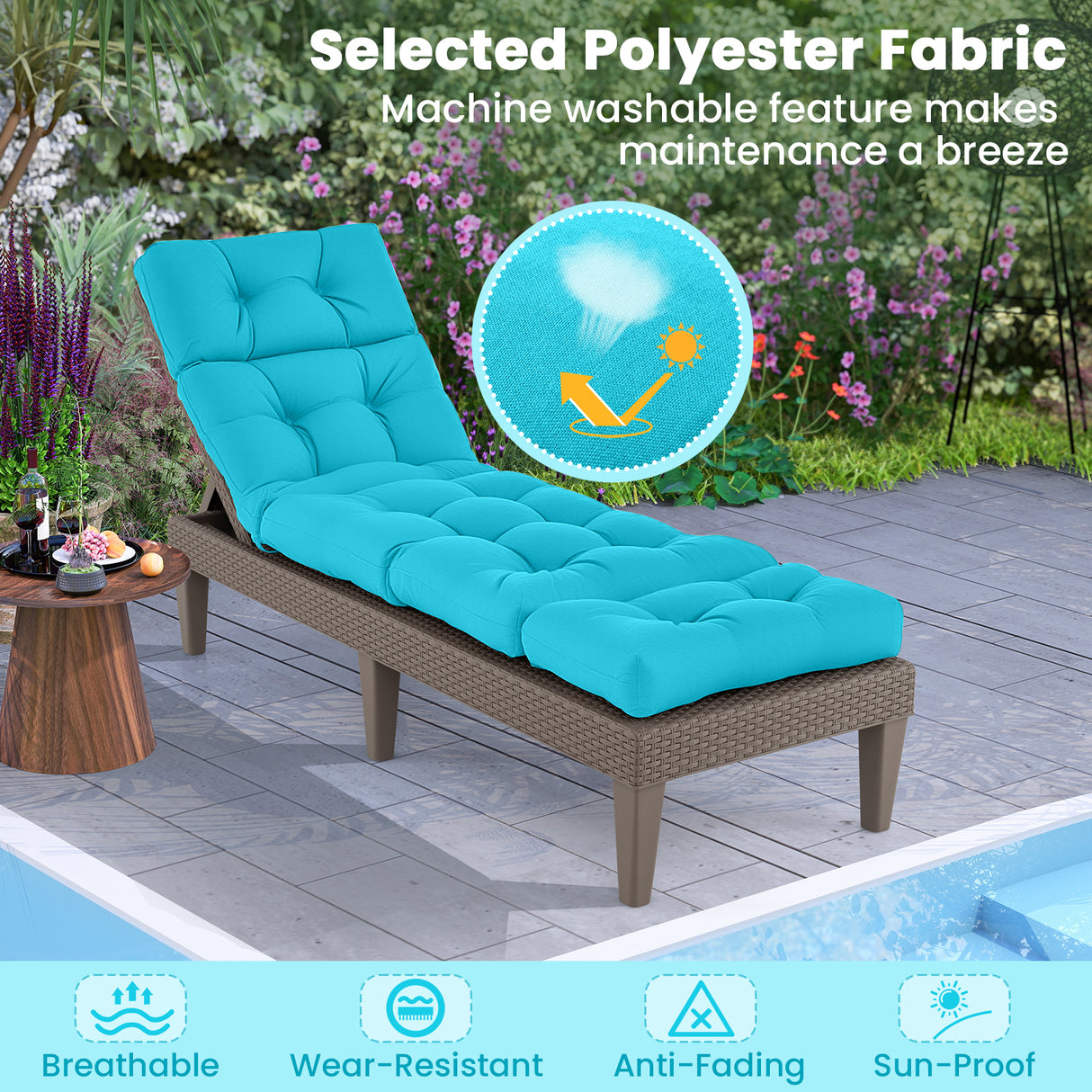 Outdoor Lounge Chaise Cushion with String Ties for Garden Poolside