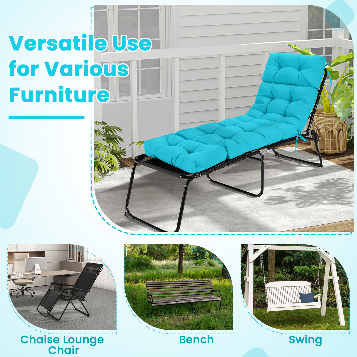Outdoor Lounge Chaise Cushion with String Ties for Garden Poolside