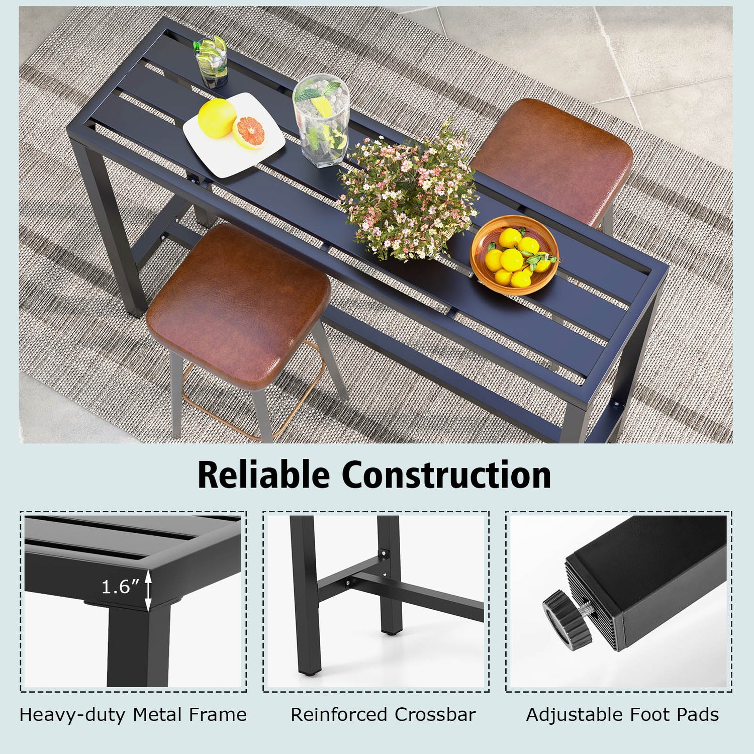 48/55 Inch Outdoor Bar Table with Waterproof Top and Heavy-duty Metal Frame