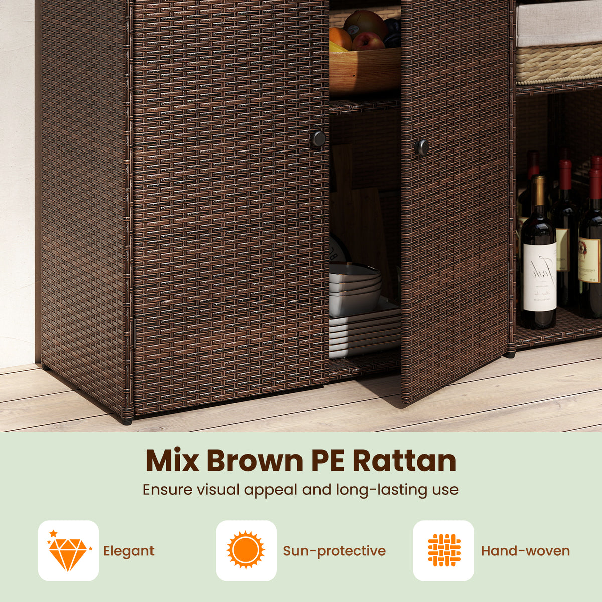 Outdoor PE Wicker Storage Cabinet with 3 Doors for Deck